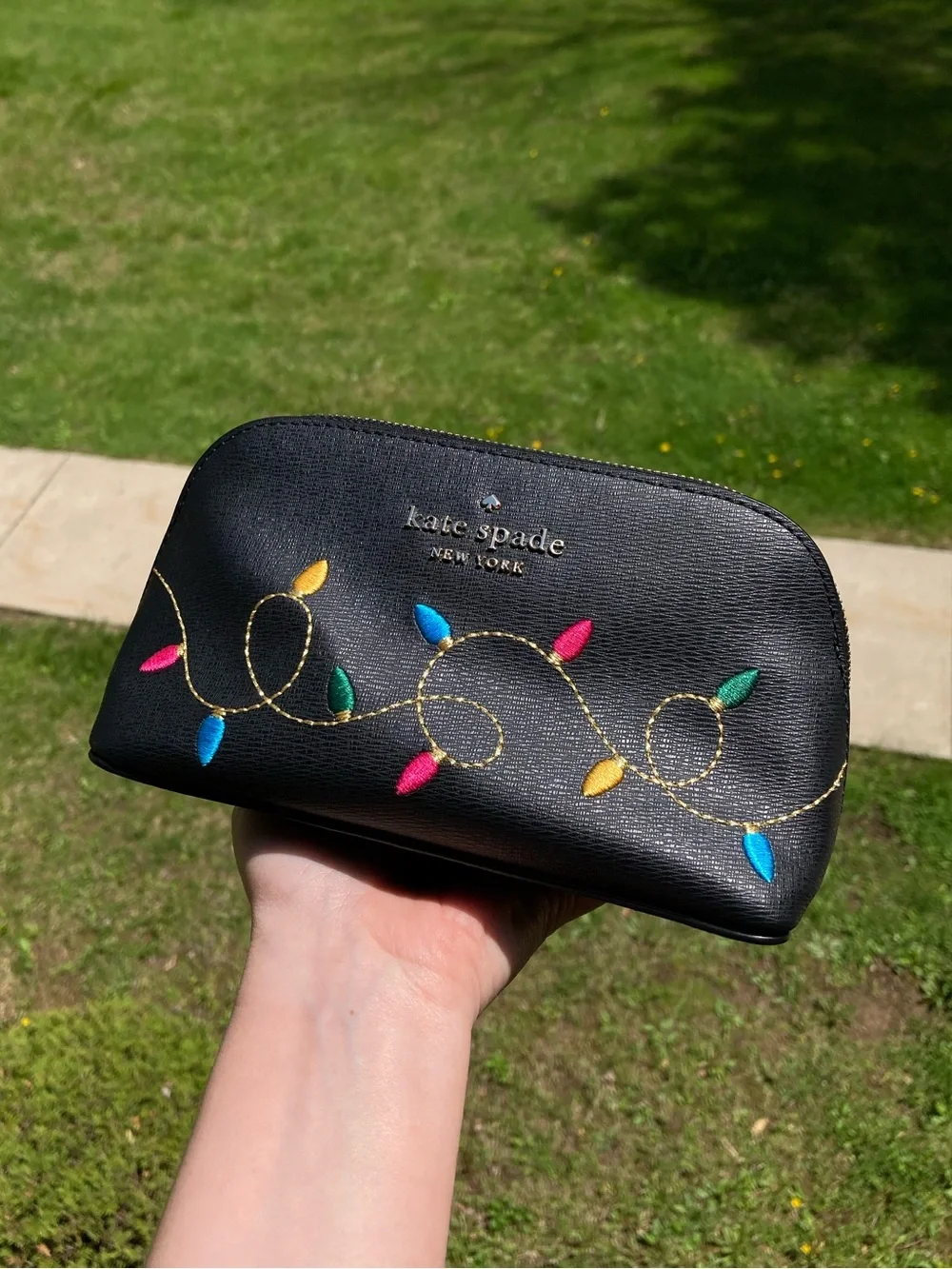 Kate Spade Holiday Christmas String Lights Makeup Cosmetics Bag Black Leather